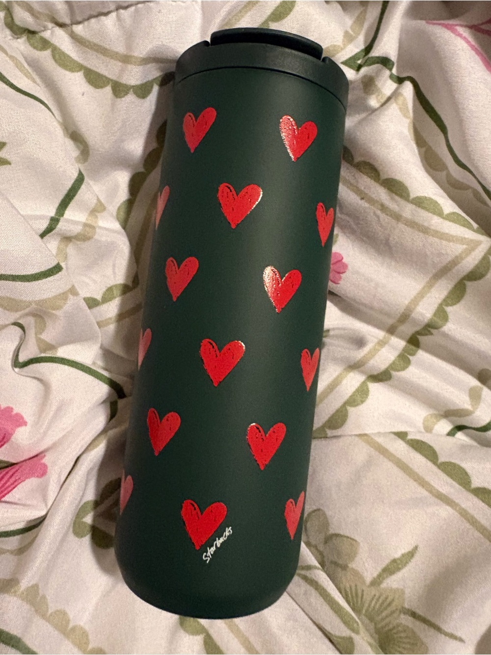 Starbucks Green Travel Tumbler with Red Heart Pattern